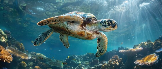 Obraz premium Close-up of sea turtle gliding over a coral garden