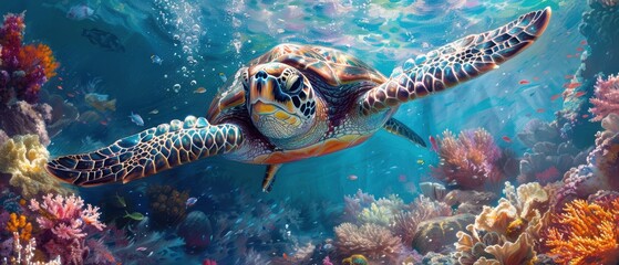Close-up of sea turtle gliding over a coral garden