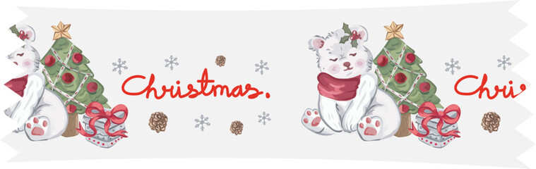 Bear christmas washi tape on transparent background.