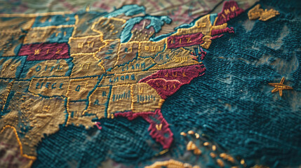 Naklejka premium A beautifully detailed embroidered map of the United States