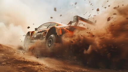 Rally racing car on dirt track, in the desert, extreme sport activities theme, created with generative ai