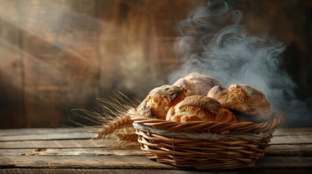 Freshly baked bread rolls in a wicker basket with wheat ears on wooden table, rustic kitchen, steaming hot. Traditional homemade baking concept