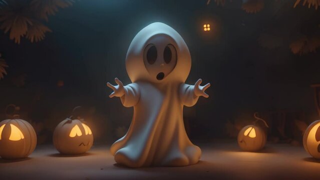 Halloween boo concept, cute funny ghost in white sheet and pumpkins in night mystical setting