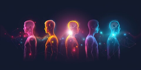 Abstract representation of human evolution with colorful silhouettes and vibrant background, symbolizing progress and transformation.