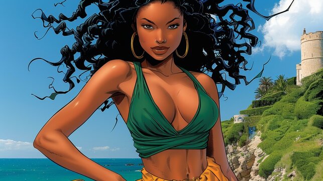 Artwork of a Female Character on a Beach, Stylized Comic Illustration