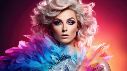 Fototapeta premium generated illustration Drag queen person wearing heavy extravagant makeup.