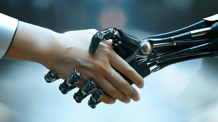 Handshake of robot hand and human hand on a clean background