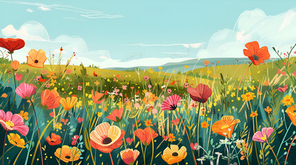 Spring Flower Meadow Illustration &ndash; Vibrant Floral Landscape