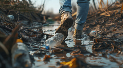 A dedicated volunteer collects garbage on a muddy beach, emphasizing the importance of environmental conservation and Earth Day efforts