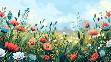 Spring Flower Meadow Illustration &ndash; Vibrant Floral Landscape
