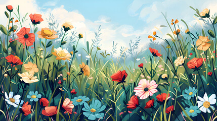 Spring Flower Meadow Illustration &ndash; Vibrant Floral Landscape