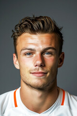 Fototapeta premium Portrait Dutch style football player in white orange tshirt.
