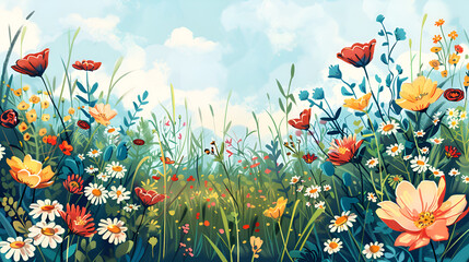 Spring Flower Meadow Illustration &ndash; Vibrant Floral Landscape
