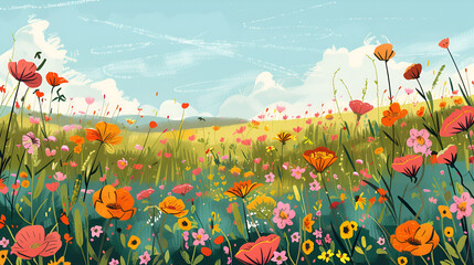 Spring Flower Meadow Illustration &ndash; Vibrant Floral Landscape