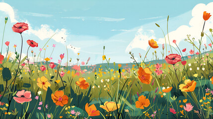 Spring Flower Meadow Illustration &ndash; Vibrant Floral Landscape
