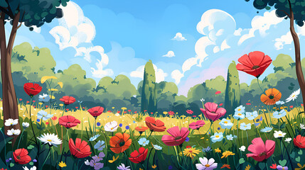 Spring Flower Meadow Illustration &ndash; Vibrant Floral Landscape
