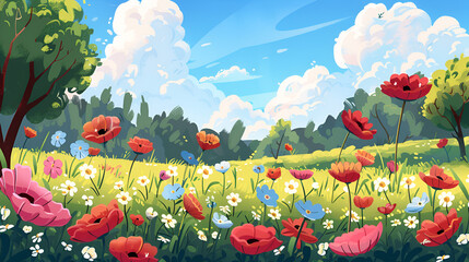 Spring Flower Meadow Illustration &ndash; Vibrant Floral Landscape