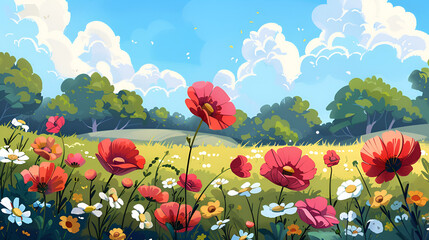Spring Flower Meadow Illustration &ndash; Vibrant Floral Landscape