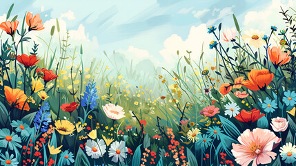Spring Flower Meadow Illustration – Vibrant Floral Landscape