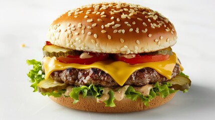 Gourmet Cheeseburger with Fresh Lettuce, Tomato, Cheese, and Pickles on a Pristine White Background