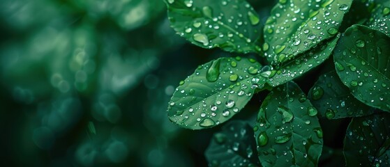 Fototapeta premium Closeup of fresh raindrops on lush green leaves,