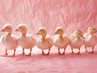 Cute ducklings in a row on a pink background. AI.