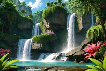 Naklejka premium Tropical waterfall with vibrant flora