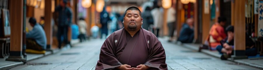 Fototapeta premium A sumo wrestler sits in seiza on a busy street in Japan. AI.