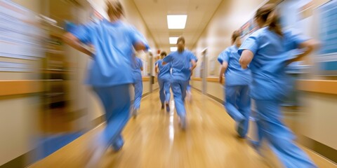 Blurred motion of a team of doctors and nurses running through a hospital hallway. AI.
