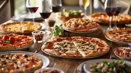 Various flavors and sizes of pizza served on a family-style dining table setting