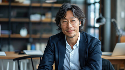 Fototapeta premium Confident Japanese Businessman in Office Environment with Friendly Smile