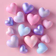 It features an arrangement of 3D animated hearts in various colors like pink, blue, and lavender on a pink background