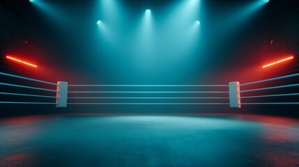 Empty boxing ring under dramatic lighting, creating a powerful atmosphere in preparation for an intense match or event.