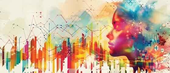 Obraz premium Financial Fusion: Vibrant Geometric and Surreal Art Elements Intertwined in a Chart of Colors