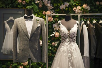 A bride dress and groom suit on mannequin.
