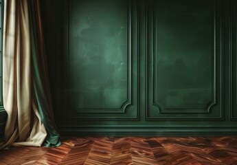 Dark green wall with wood floor and beige curtains. AI.