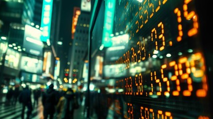 A stock market ticker board displaying scrolling stock prices and market indices in a busy financial district.