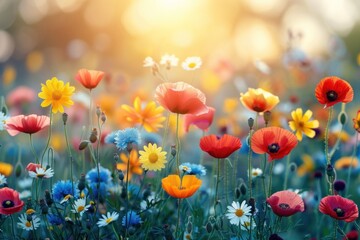 Naklejka premium A field of colorful wildflowers basks in the warm glow of the setting sun