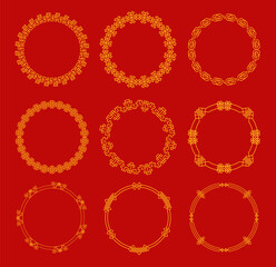 golden Chinese ornament on a red background. This geometric, traditional Asian pattern