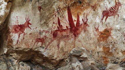 Prehistoric rock painting on ancient cave wall by caveman.