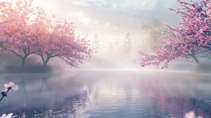 Fototapeta premium Misty Morning: A tranquil morning scene with mist rising from a calm pond or lake surrounded by blossoming trees, with soft sunlight filtering through the fog. 