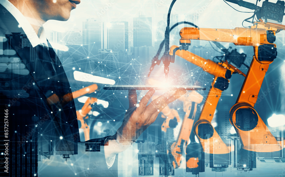 Poster mlp mechanized industry robot arm and factory worker double exposure. concept of robotics technology
