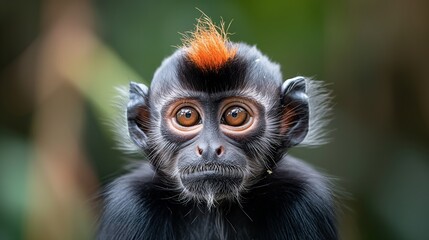 Obraz premium Close-up of a monkey with an orange-spiked hairstyle, wide eyes, and detailed facial features.