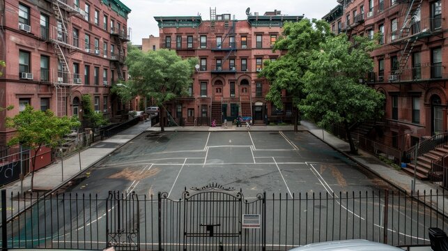 A basketball court at a school surrounded by a fence.