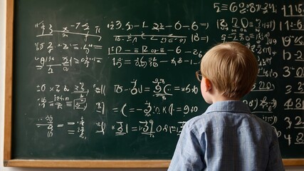 A boy is looking at a blackboard at school with mathematical problems.