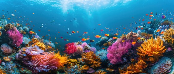 Colorful coral reef with diverse marine species swimming around