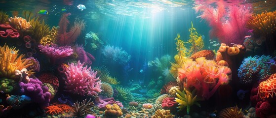 Obraz premium Colorful corals and marine plants in a vibrant underwater scene