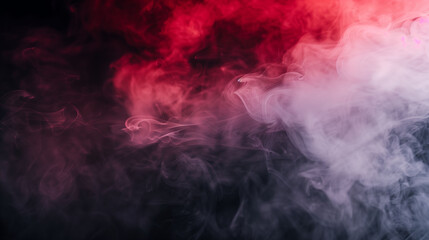 Obraz premium Black background, red smoke on the left side of the screen, pink and white smoke in the middle, dark background, smoke effect, pink and black background, smoke effect, pink and white color scheme