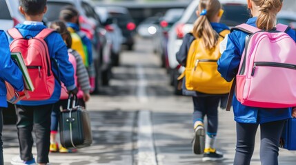 Fototapeta premium A group of children are walking down a street with their backpacks and suitcases
