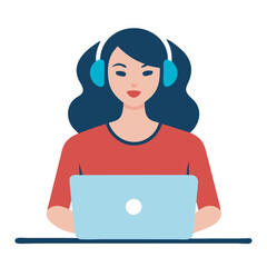 a women with laptop working with headphones, vector, modern illustration